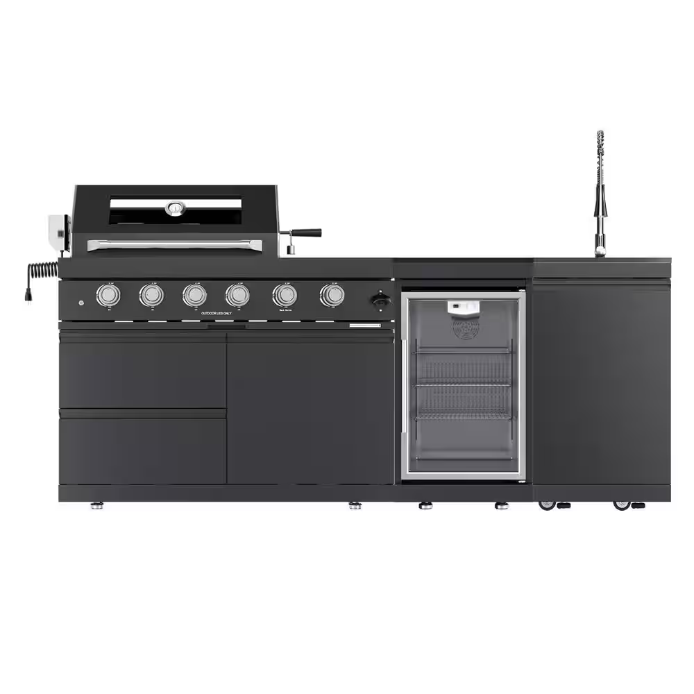46 In. 4-Burner 72000 BTU Propane Gas Grill Island Outdoor Kitchen with Refrigerator, Sink in Black Stainless Steel