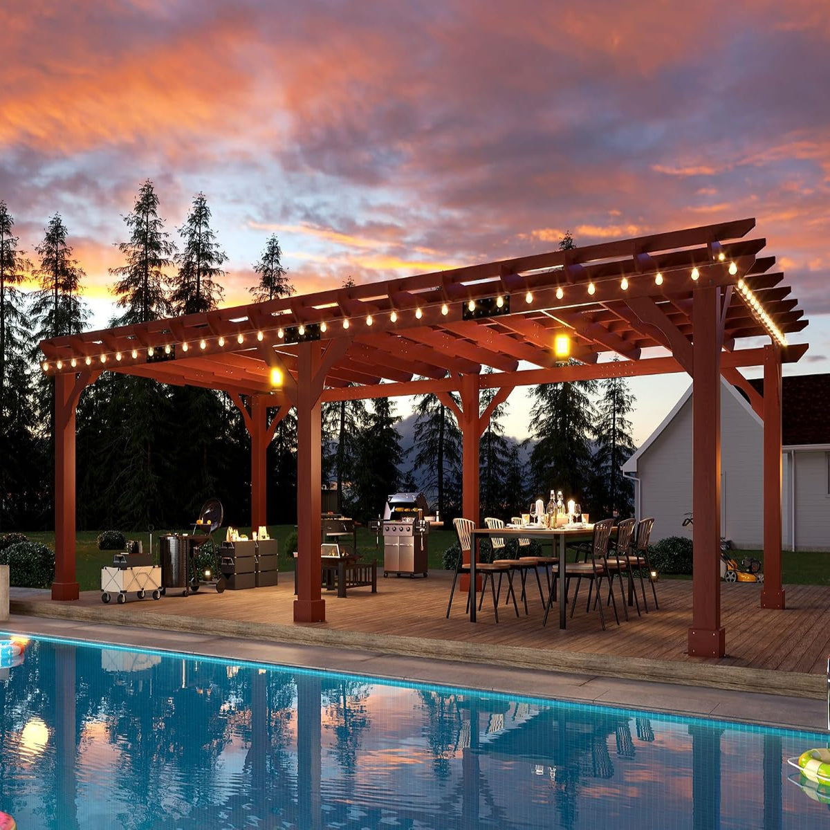 12X24 FT Premium Cedar Wood Pergola with Trellis Roof & Stakes | Outdoor Pergola Kit with Weather-Resistant Support, Backyard Gazebo for Patio, Garden & Events, Reddish-Brown