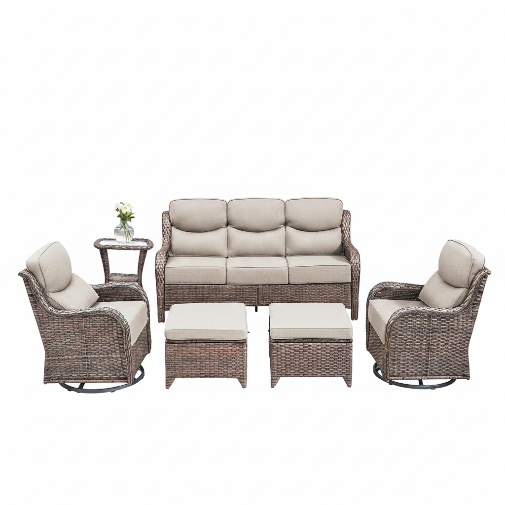 6 Pieces Outdoor Patio Furniture Set with Swivel Rocker Chairs and 6" Thick Cushions,Wicker Conversation Set with Sectional Sofa Coffee Table for Porch Deck Backyard Poolside