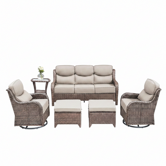 6 Pieces Outdoor Patio Furniture Set with Swivel Rocker Chairs and 6" Thick Cushions,Wicker Conversation Set with Sectional Sofa Coffee Table for Porch Deck Backyard Poolside