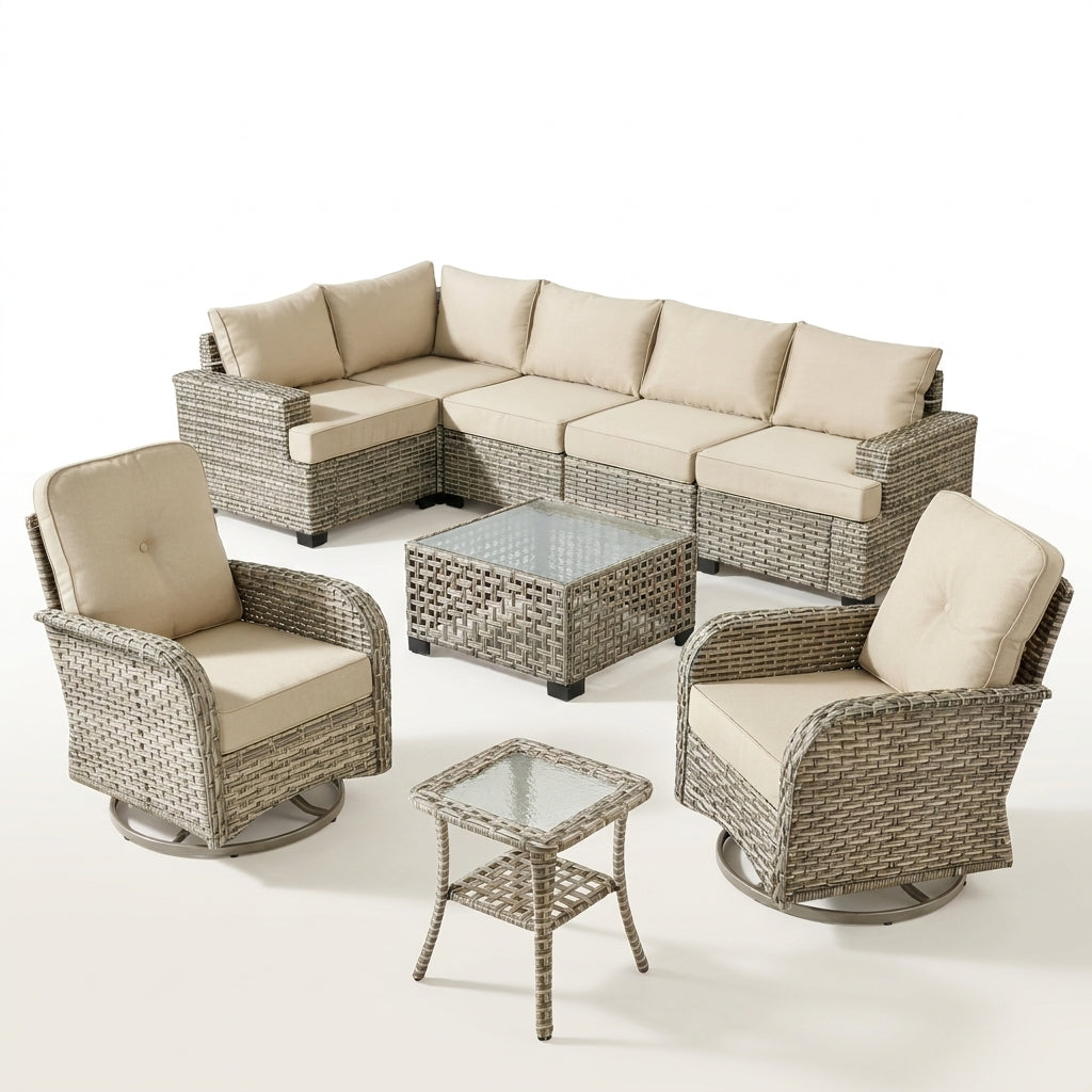 9 Pieces Patio Furniture Set outside Furniture Wicker Patio Conversation Set with Swivel Chairs, Outdoor Furniture for Garden, Beige — Studio Shot