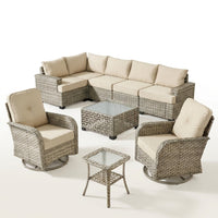 9 Pieces Patio Furniture Set outside Furniture Wicker Patio Conversation Set with Swivel Chairs, Outdoor Furniture for Garden, Beige — Studio Shot