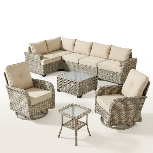 9 Pieces Patio Furniture Set outside Furniture Wicker Patio Conversation Set with Swivel Chairs, Outdoor Furniture for Garden, Beige — Studio Shot