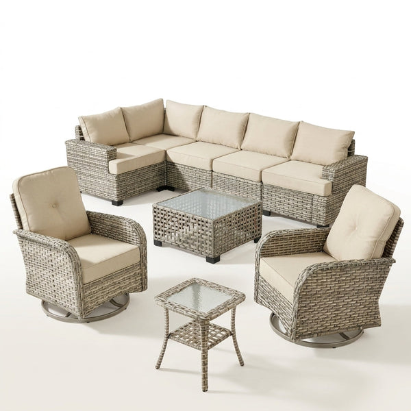 9 Pieces Patio Furniture Set outside Furniture Wicker Patio Conversation Set with Swivel Chairs, Outdoor Furniture for Garden, Beige — Studio Shot