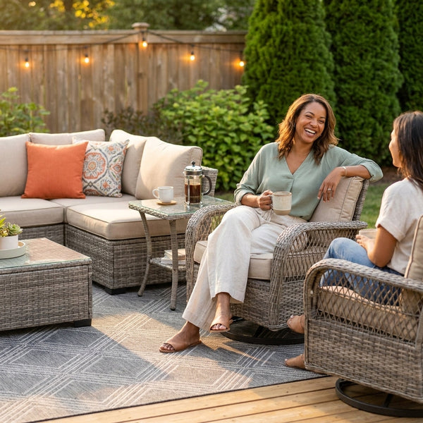 Patio Conversation Set Built for Outdoor Living, 9 Pieces, Wicker Design, Swivel Chairs, Steel Frame