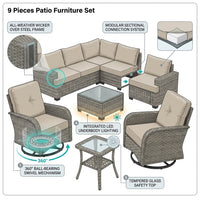 9 Pieces Patio Furniture Set outside Furniture Wicker Patio Conversation Set with Swivel Chairs, Outdoor Furniture for Garden, Beige — How It Works