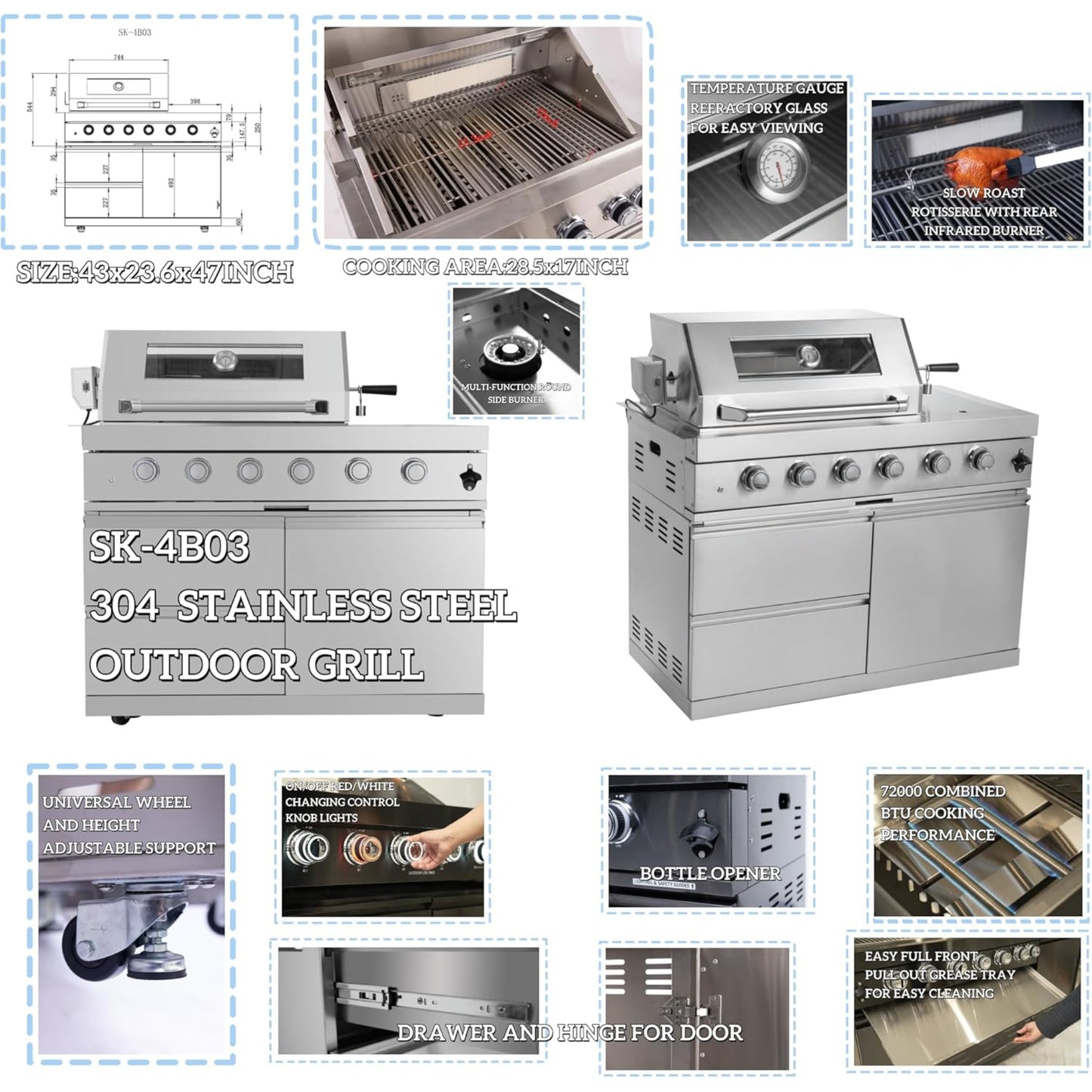 Modular Outdoor Kitchen BBQ Island, 104" Outdoor Kitchen Propane Gas Island Grill with Sink, Compact Refrigerator, Storage Cabinets, Rotisserie Kit (Silver, 104")