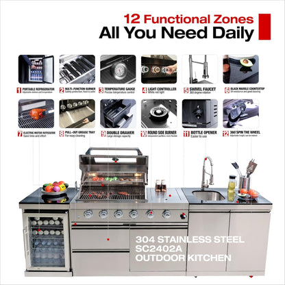 Modular Outdoor Kitchen BBQ Island, 104" Outdoor Kitchen Propane Gas Island Grill with Sink, Compact Refrigerator, Storage Cabinets, Rotisserie Kit (Silver, 104")