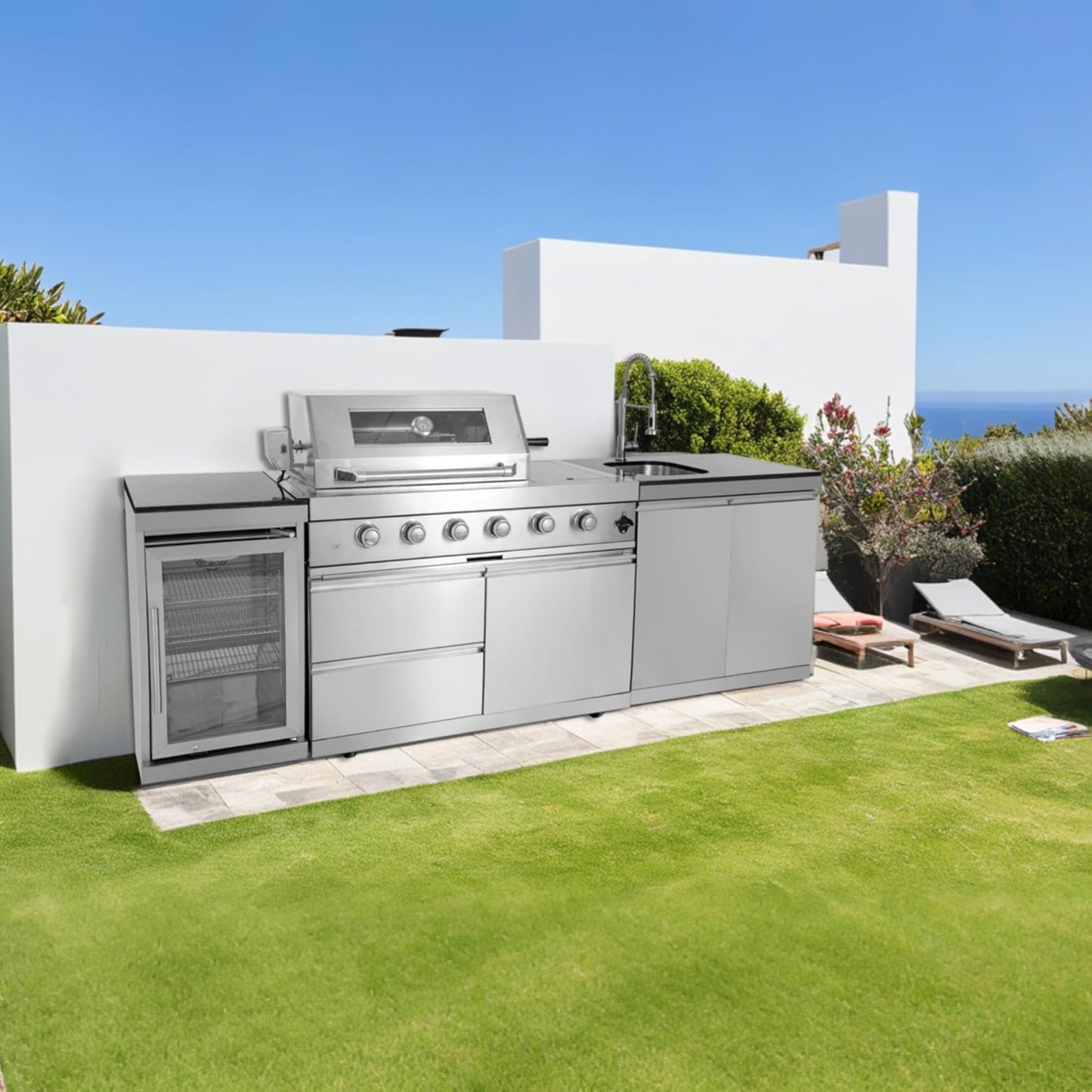 Modular Outdoor Kitchen BBQ Island, 104" Outdoor Kitchen Propane Gas Island Grill with Sink, Compact Refrigerator, Storage Cabinets, Rotisserie Kit (Silver, 104")