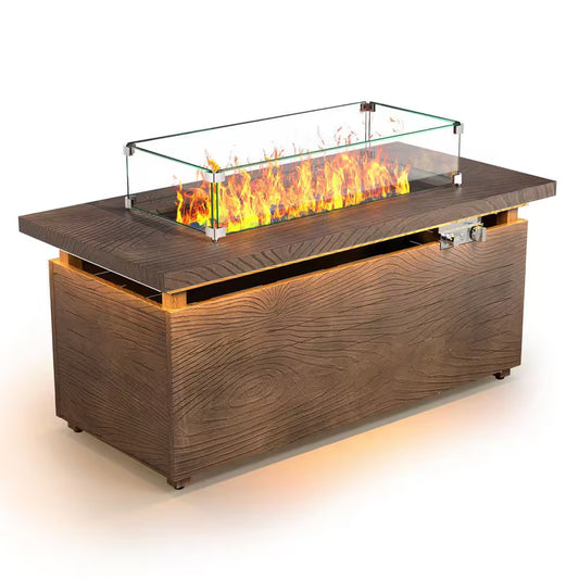 51 In. Retangular Fire Pit Table with Metal Table Top Outdoor Fire Pit Table in Brown Wood Grain